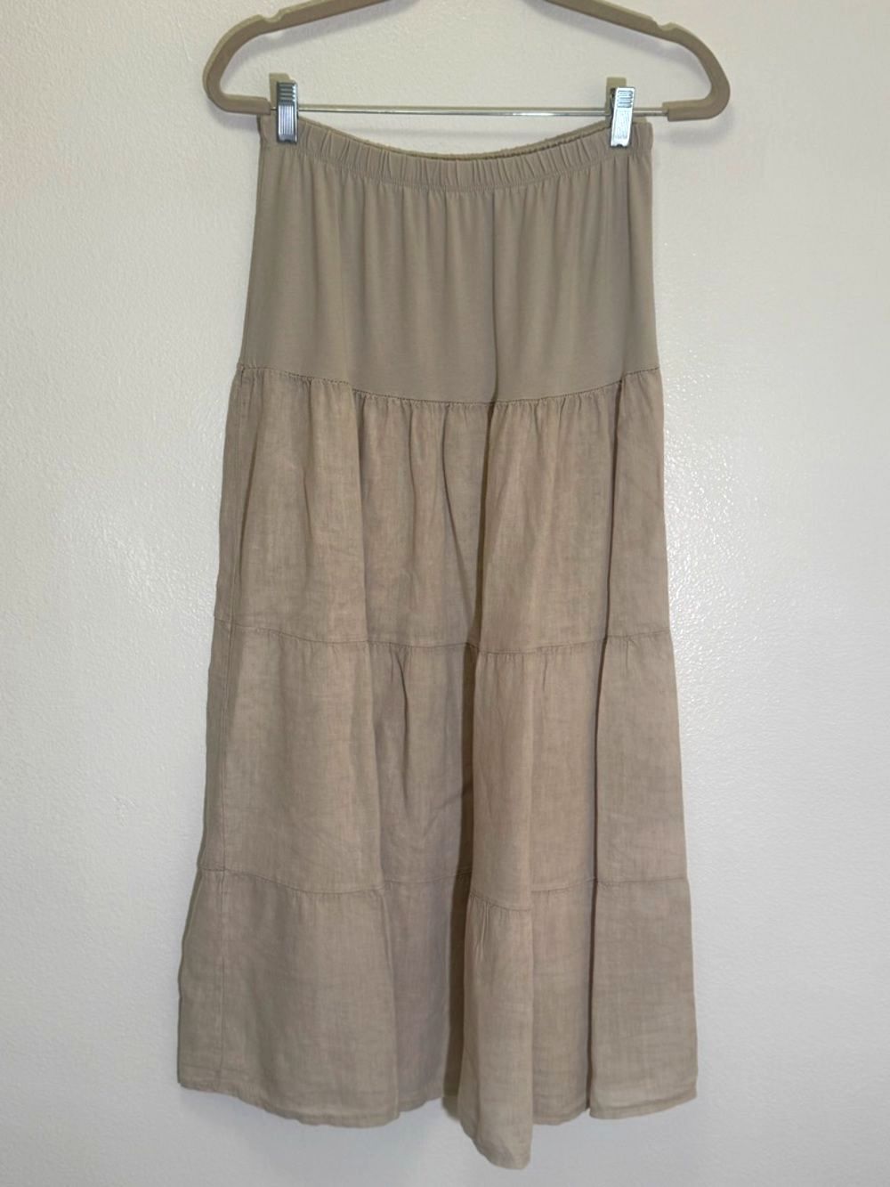 Made in Italy - Linen/Cotton Beige Strapless Tiered Midi Dress - One Size (OS)